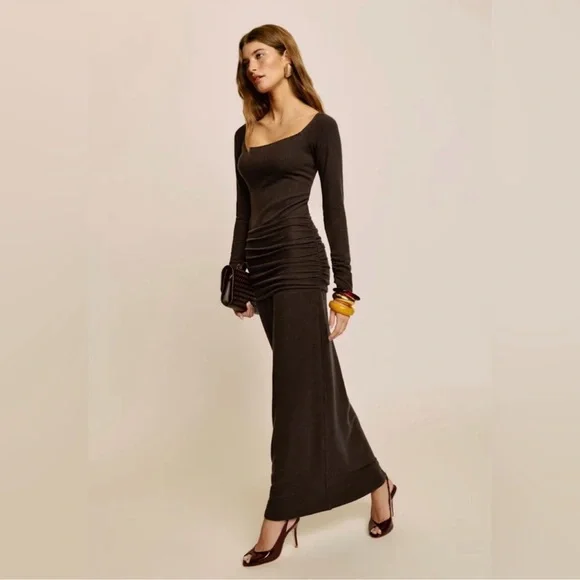 green emerald velvet dress Reformation Poppies Silk Croissant Tan Cut-Out Maxi Dress  The Closet New  York